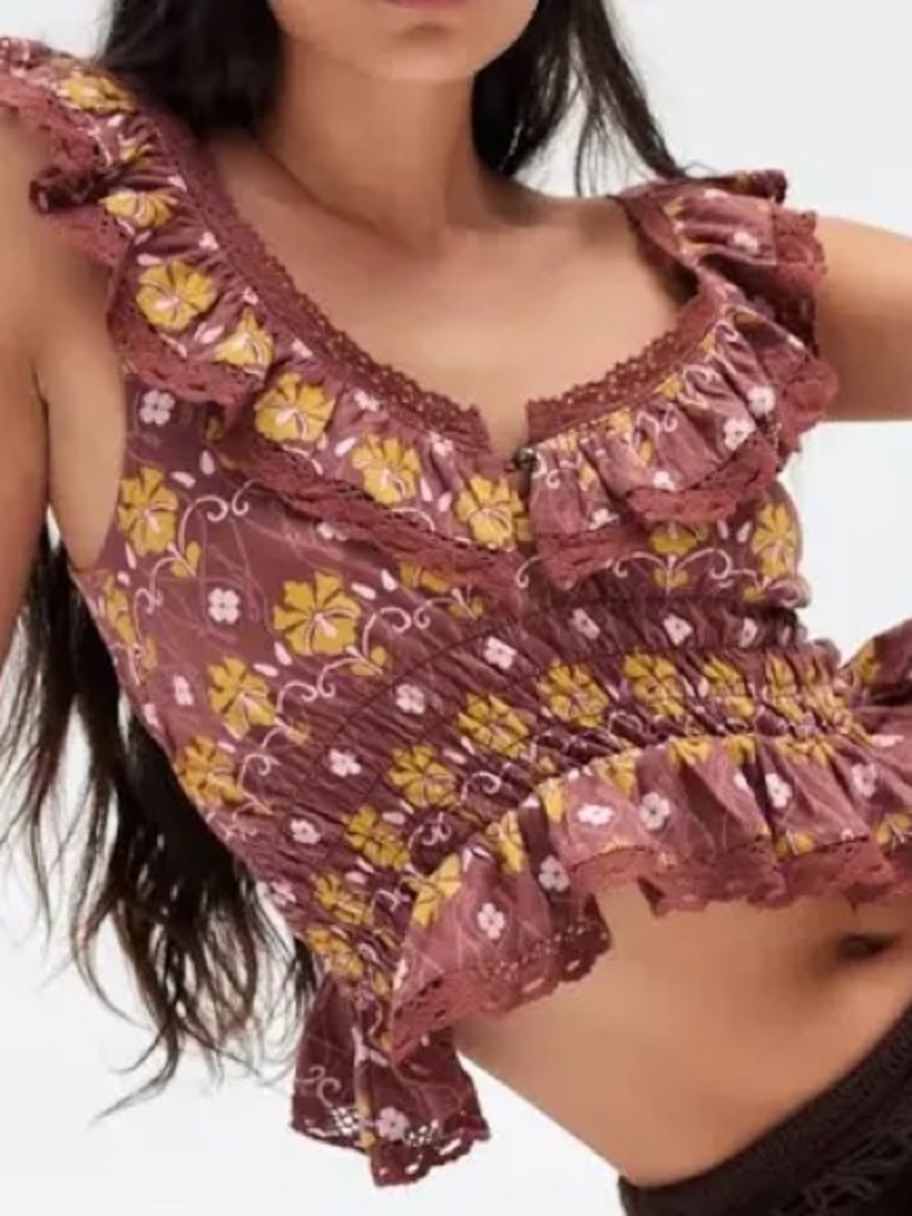 Floral Ruffled Cropped Tank Top - Mauve & Mustard